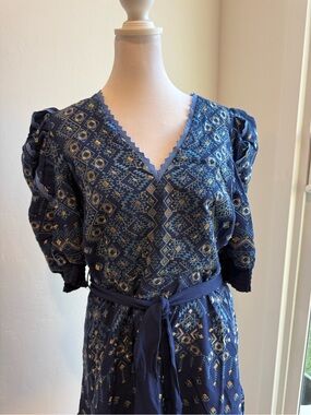 Hale Bob Navy Embroidered V-Neck Dress with Gold Accents